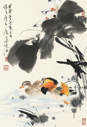 康宁 甲申（2004年）作 荷花鸳鸯 立轴