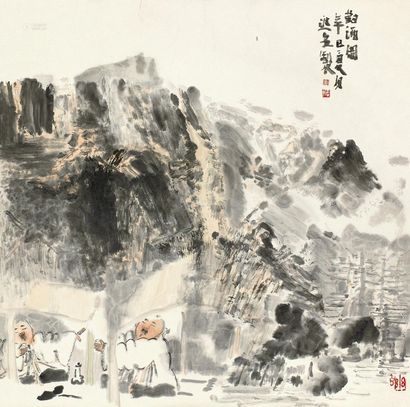 刘进安 辛巳（2001年）作 对酒图 镜心