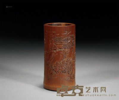 清中期 竹雕溪山行旅图笔筒 高12.5cm