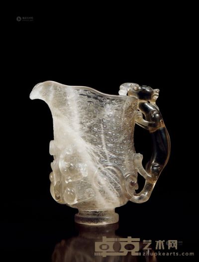 清中期 水晶雕云蝠纹螭柄杯 高12.8cm