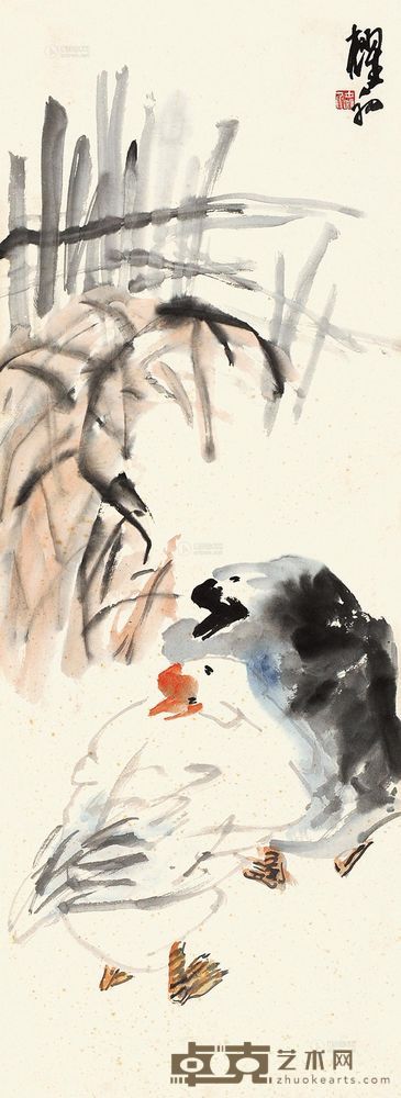 沈耀初 双禽 镜片 94×34cm