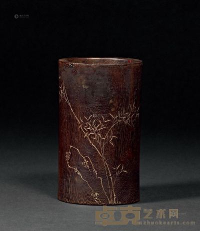 清咸丰 鸡翅木竹石图笔筒 直径7.5×高12.5cm