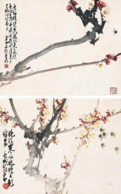 赵少昂 庚戌（1970年）作 梅花双帧 立轴