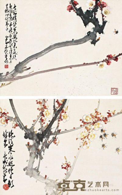 赵少昂 庚戌（1970年）作 梅花双帧 立轴 29×36cm×2