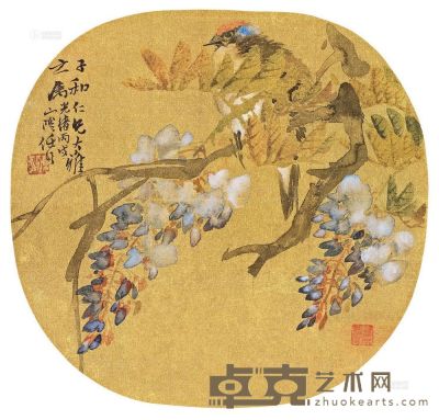 任伯年 丙戌（1886年）作 紫藤栖禽 团扇面镜心 直径24cm