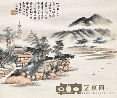 冯超然 辛巳（1941年）作 湖山萧寺 立轴 28.5×34.5cm