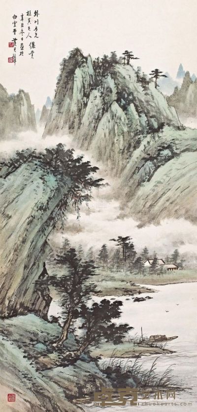 黄君璧 辛丑（1961年）作 云山钓艇 立轴 118.5×56.5cm