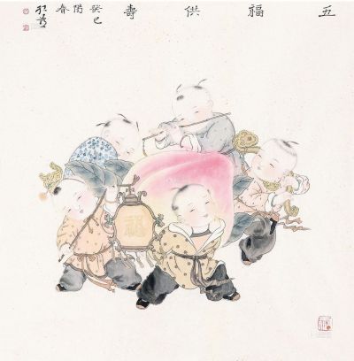 张红燕 2013年作 五福供寿 镜片