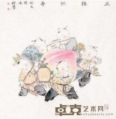 张红燕 2013年作 五福供寿 镜片 70×69cm?