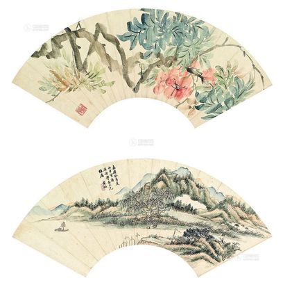 吴熙载 黄钺 1813年作 花舟 山水 （两幅） 扇面镜框