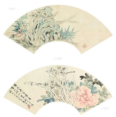 司马钟 1824年作 花卉 （两幅） 扇面镜框