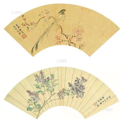 王载仕 陈书 花鸟 倣陆治花卉 （两幅） 扇面镜框