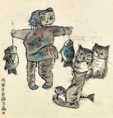 邵飞 1986年作 猫吃鱼 立轴