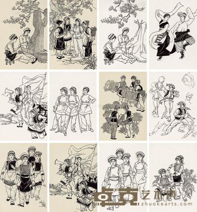 佚名 人物画稿 册页 (七十开选十二开) 39×26.5cm×70