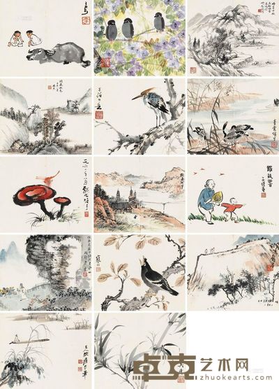 吴湖帆 张大千 潘天寿 李可染 林风眠 唐云 丰子恺 关山月 黎雄才 江寒汀 黄幻吾 等 精品 册页 (十六开选十四开) 19.5×23.5cm×16