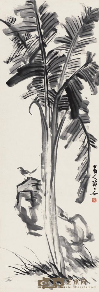 张大千 芭蕉小鸟 立轴 134×45cm