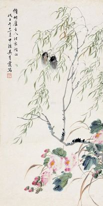 吴青霞 1948年作 芙蓉柳蝉 镜心