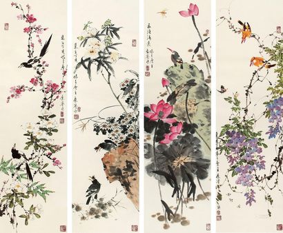 康宁 2007年作 花卉 四条屏