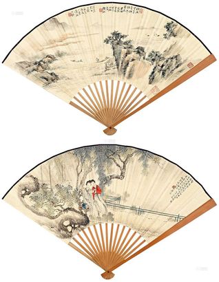 诸健秋 花元 丙戌（1946年）作 秋江渔情 二乔攻读 成扇
