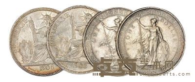 1899年、1930年香港“站人”壹圆银币各一枚；1903年、1908年法属安南“坐洋”壹圆银币各一枚 