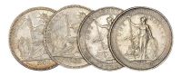 1899年、1930年香港“站人”壹圆银币各一枚；1903年、1908年法属安南“坐洋”壹圆银币各一枚