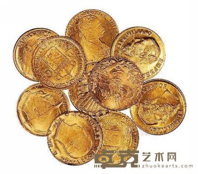 外国迷你型小金币一组十枚 每枚直径约10mm；每枚重0.25g－0.36g；总重2.99g