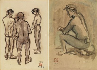洪瑞麟 1954年；及1957年作 洗澡 矿工