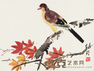 叶绿野 枫叶小鸟 镜片 32×43cm