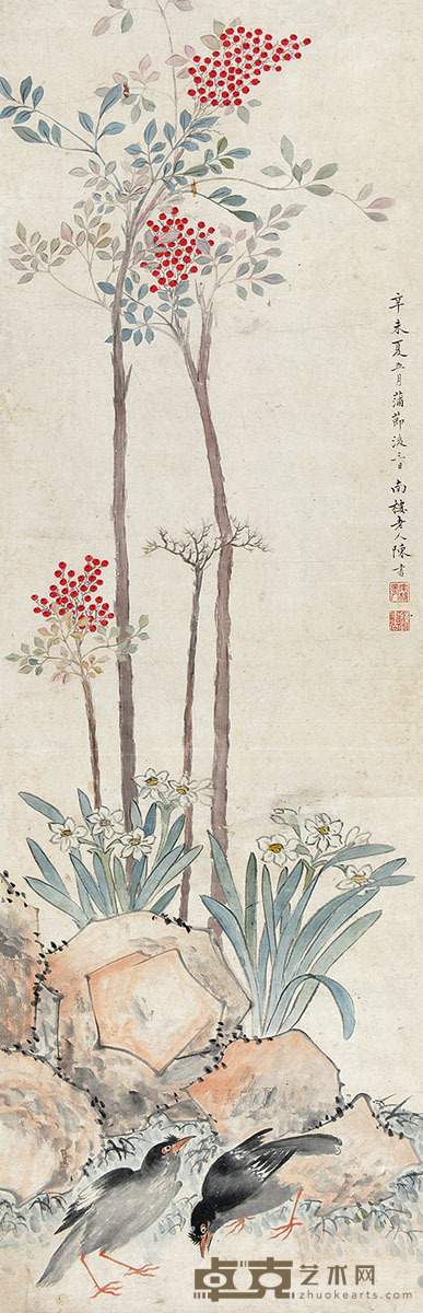 陈书 八哥水仙 立轴 118×37cm