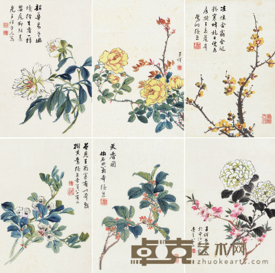 张子祥 花卉六景 立轴六屏 33×22cm×6
