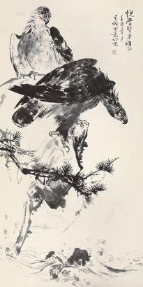 张重梅 辛酉（1981年）作 双鹰图 镜心