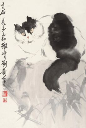 刘蔷 壬戌（1982年）作 花猫图 立轴