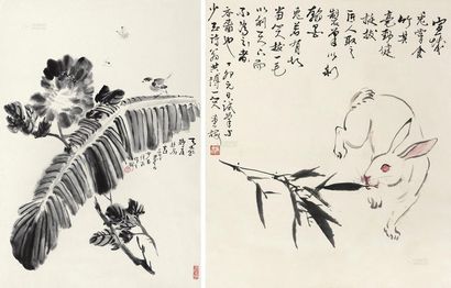 张重梅 丁卯（1987年）作、丙寅（1986年）作 玉兔图 墨牡丹 镜心