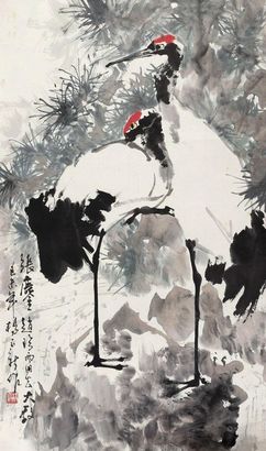 杨正新 己未（1979年）作 松鹤延年 镜心