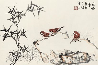 孙其峰 己卯（1999年）作 竹雀图 镜心