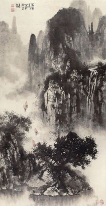 崔森茂 丙寅（1986年）作 峡江烟雨 立轴