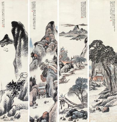 胡寅 庚寅（1890年）作 山水 四屏