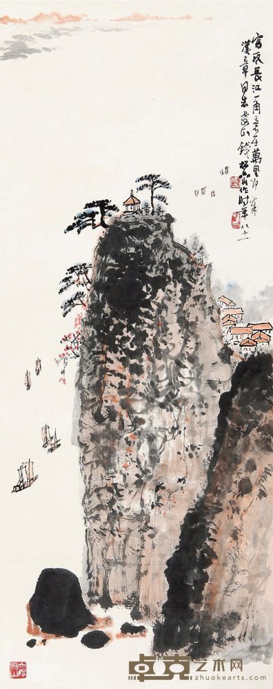 钱松嵒 秋江帆影图 镜心 83×33.5cm