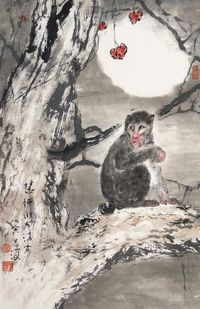 杨善深 松猴 立轴