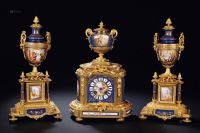 19世纪 法国 塞弗勒瓷珐琅铜鎏金钟 （三件套）