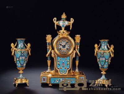 19世纪 法国 铜鎏金珐琅钟 （三件套） 高43cm