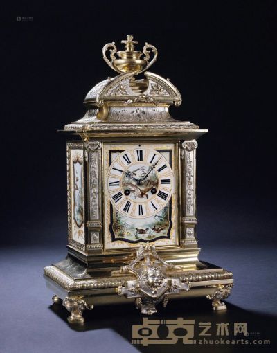 19世纪 法国 铜鎏金鎏银绘珐琅花鸟钟 高41cm