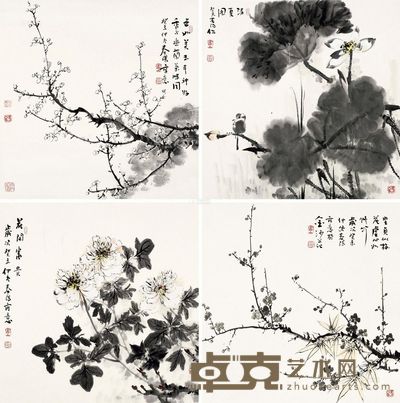 霍春阳 2003年作 四时花卉 镜片 68×68cm×4