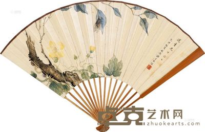 谢月眉 李萤 1939年作 秋蝉图 书法 成扇 19×46cm