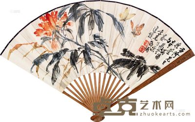 马万里 等 1932年作 芍药双蝶 书法 成扇 19×50cm