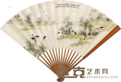 周琴 杨泳 芦雁图 书法 成扇 18.5×46cm