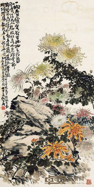 谢公展 1932年作 菊寿延年 立轴 132×67cm