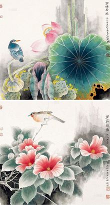 司马连义 2013年作 花鸟 镜框对屏