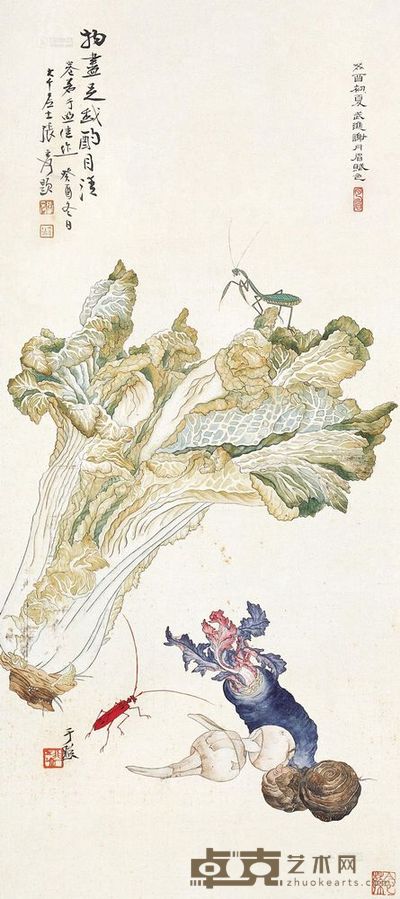 于非闇 谢月眉 1933年作 菜蔬草虫 立轴 61.5×27.5cm