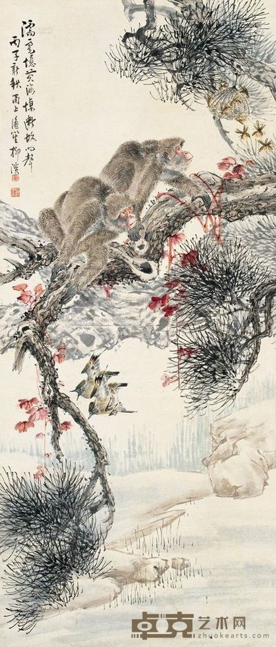 柳滨 1936年作 蜂猴图 立轴 120.5×51.5cm